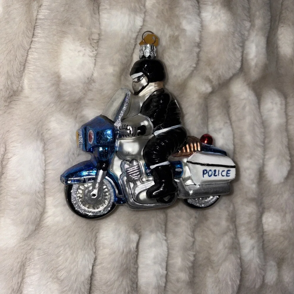 Polish mouth-blown glass ornament police office motorcycle hand painted
